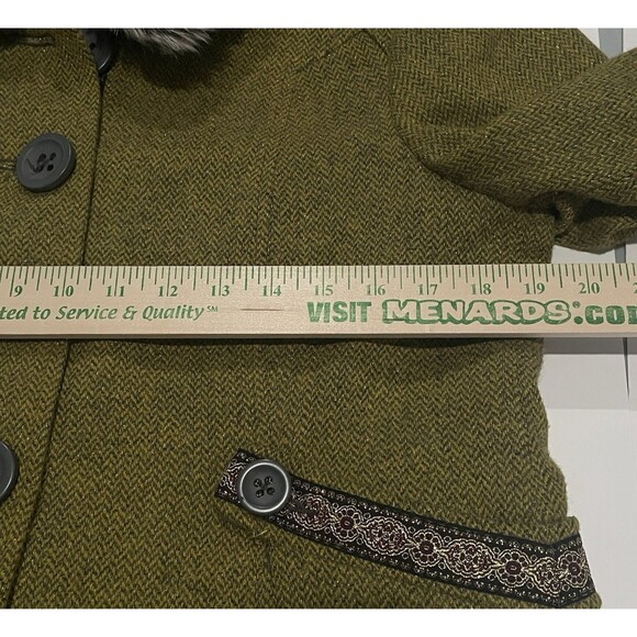 Free People Pea Coat Wool Silk Faux Fur Collar Women's Sz 10 Green Tweed Ribbon - Picture 13 of 16